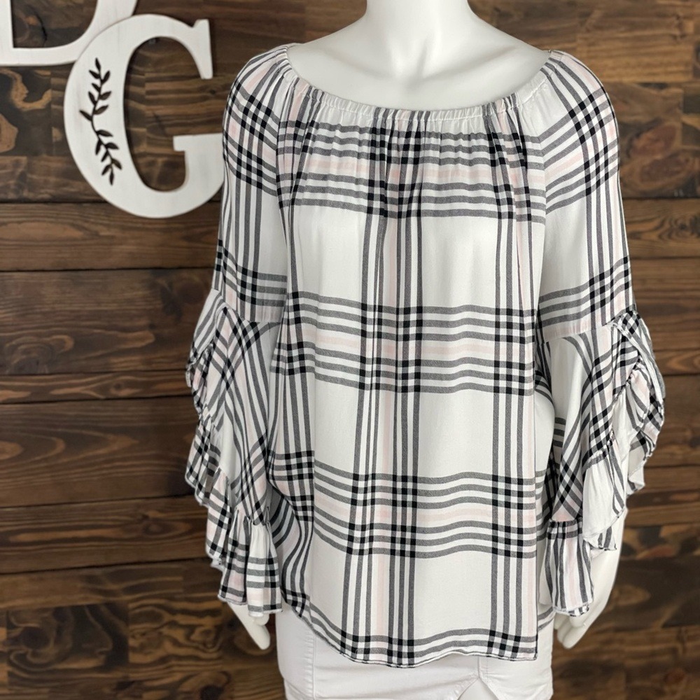 Fever | Off Shoulder Plaid Blouse‎ Ruffle Bell Sleeve Ruffle Trim